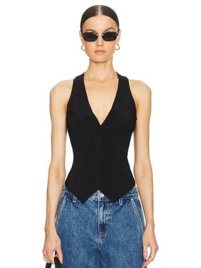 NWT Norma Kamali Black V-Neck Zip-Front Vest